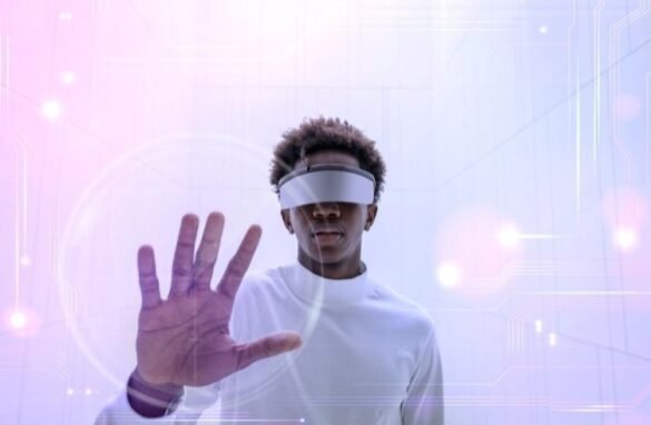 Man wearing smart glasses touching a virtual screen futuristic technology digital remix