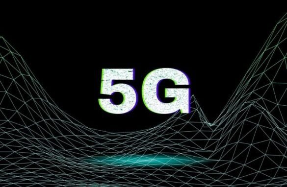 Futuristic neon 5g motion wave grid text typography