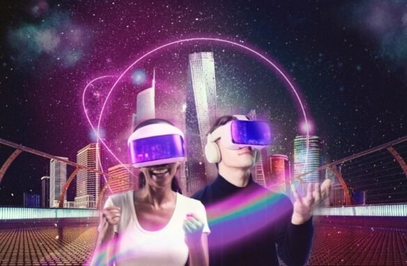 Smart technology background, internet of things, people experiencing VR headsets