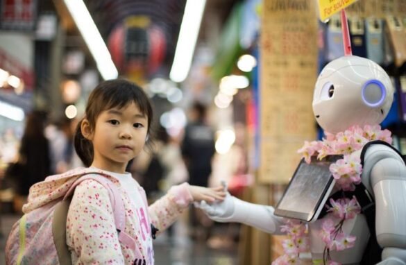 A young girl shaking hands with an AI robot