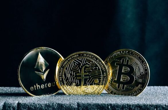Cryptocurrencies Ethereum, Bitcoin, stacked next to each other