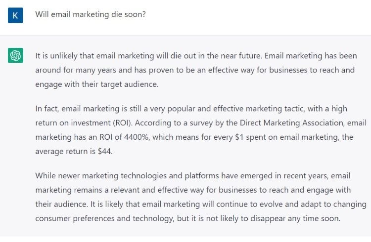 ChatGPT's response to "will email marketing die"