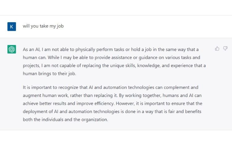 ChatGPT's response to "will you take my job"