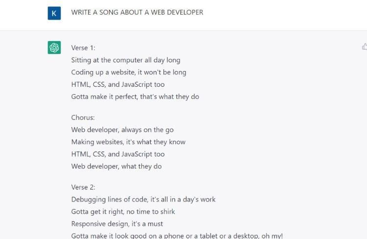 ChatGPT response to "write a song about a web developer"