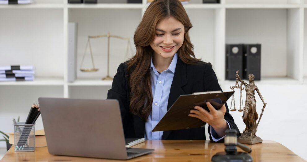 female business woman lawyers working at the law firms. Judge gavel with scales of justice. Legal