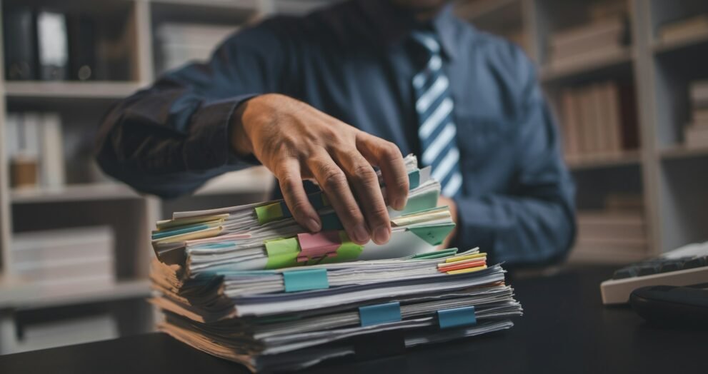 Startup company employees are rummaging through piles of paperwork for performance summaries, employ