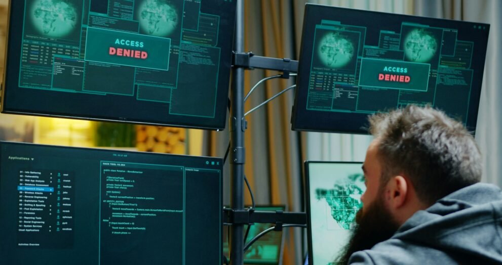 Zoom in shot of male hacker trying to hack a firewall