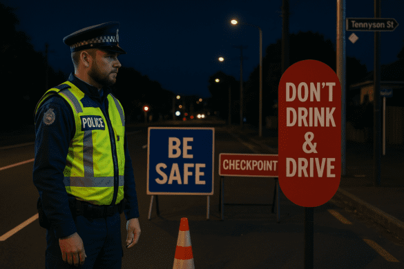 Police officer standing at a night-time road checkpoint next to signs warning "Don't Drink & Drive" and "Be Safe.